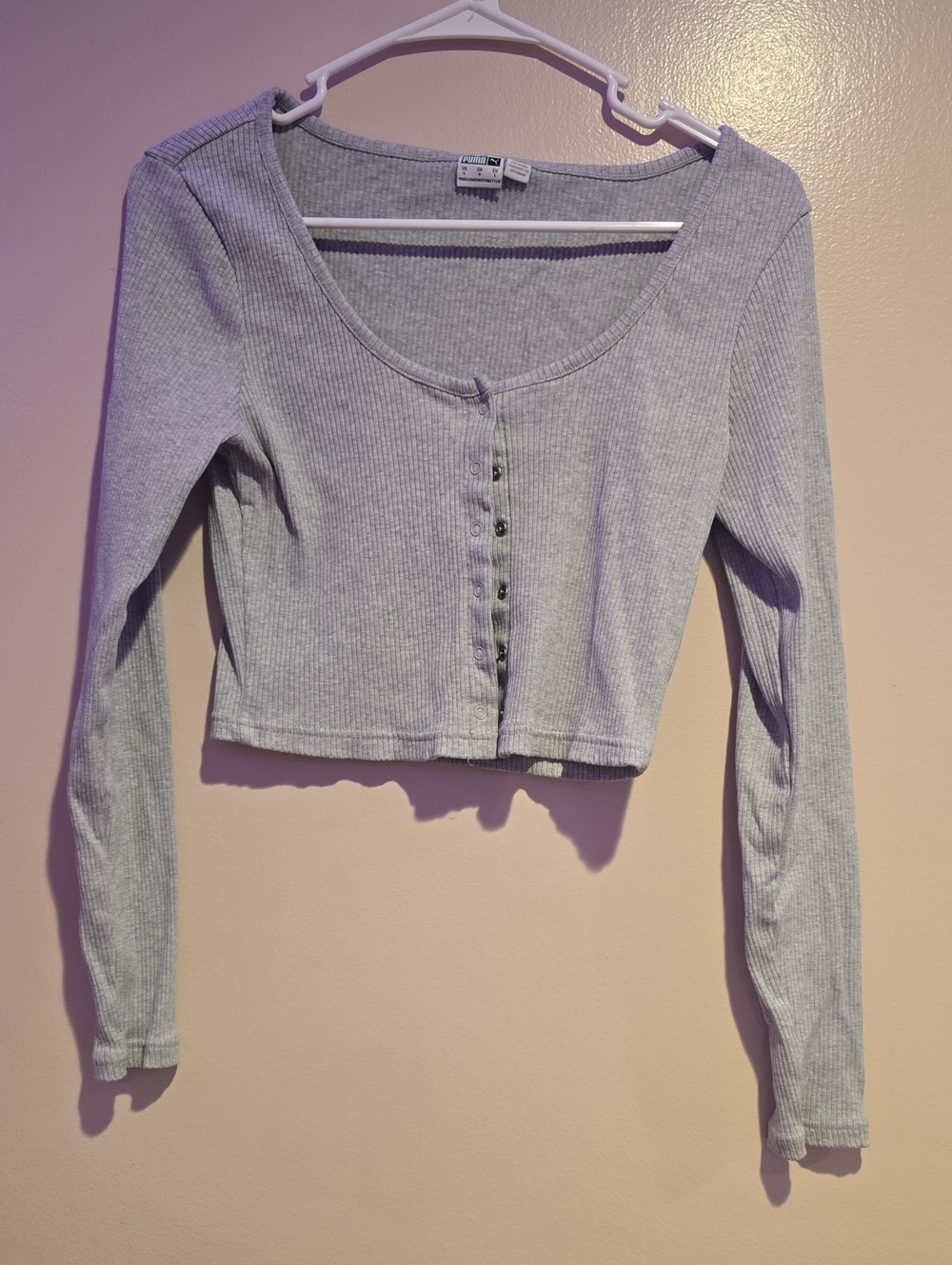 Puma Ribbed Long-Sleeve Crop Top - Light Gray
